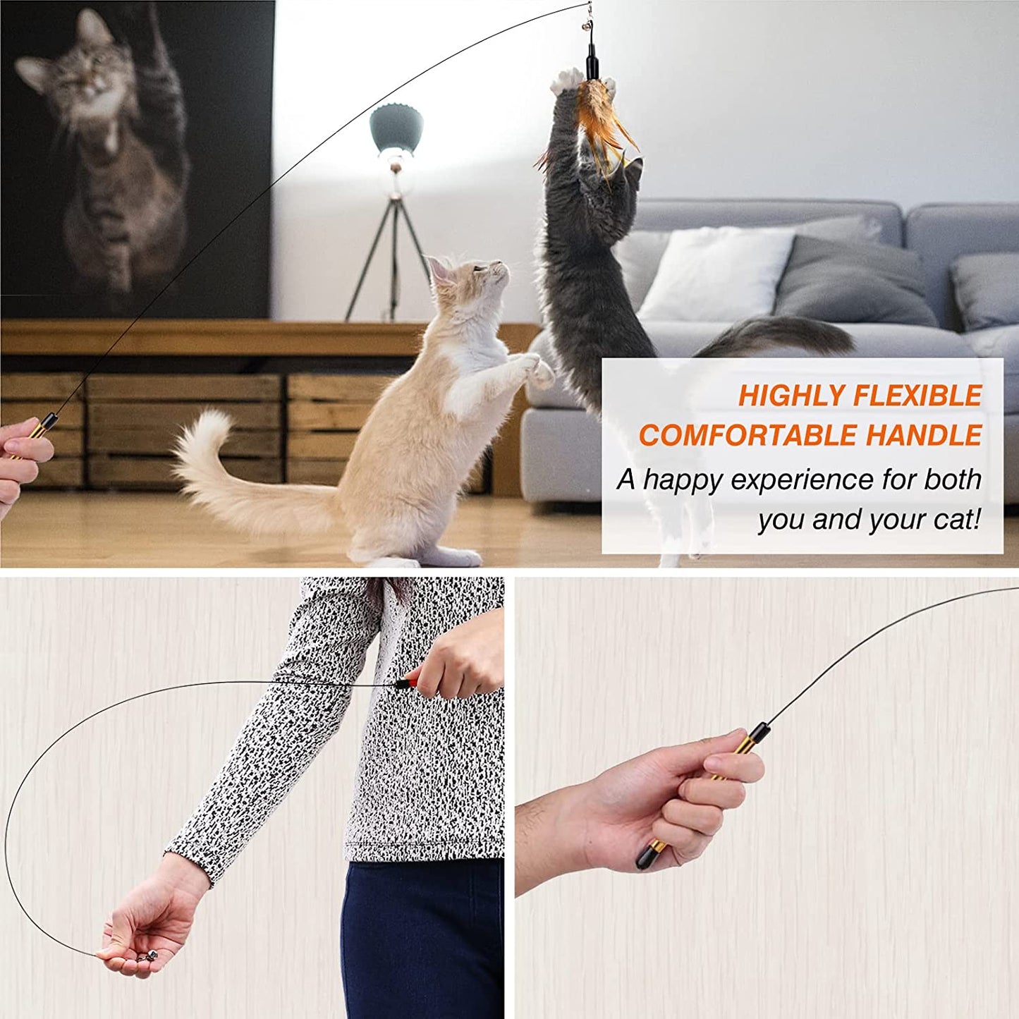 Feather Teaser Cat Toy, Interactive Feather Wand Cat Toy Flying Feather Cat Catcher with Extra Long 34.5" Wand and Small Bell, Fun Exerciser Playing Toy for Kitten or Cat, Brown Feather