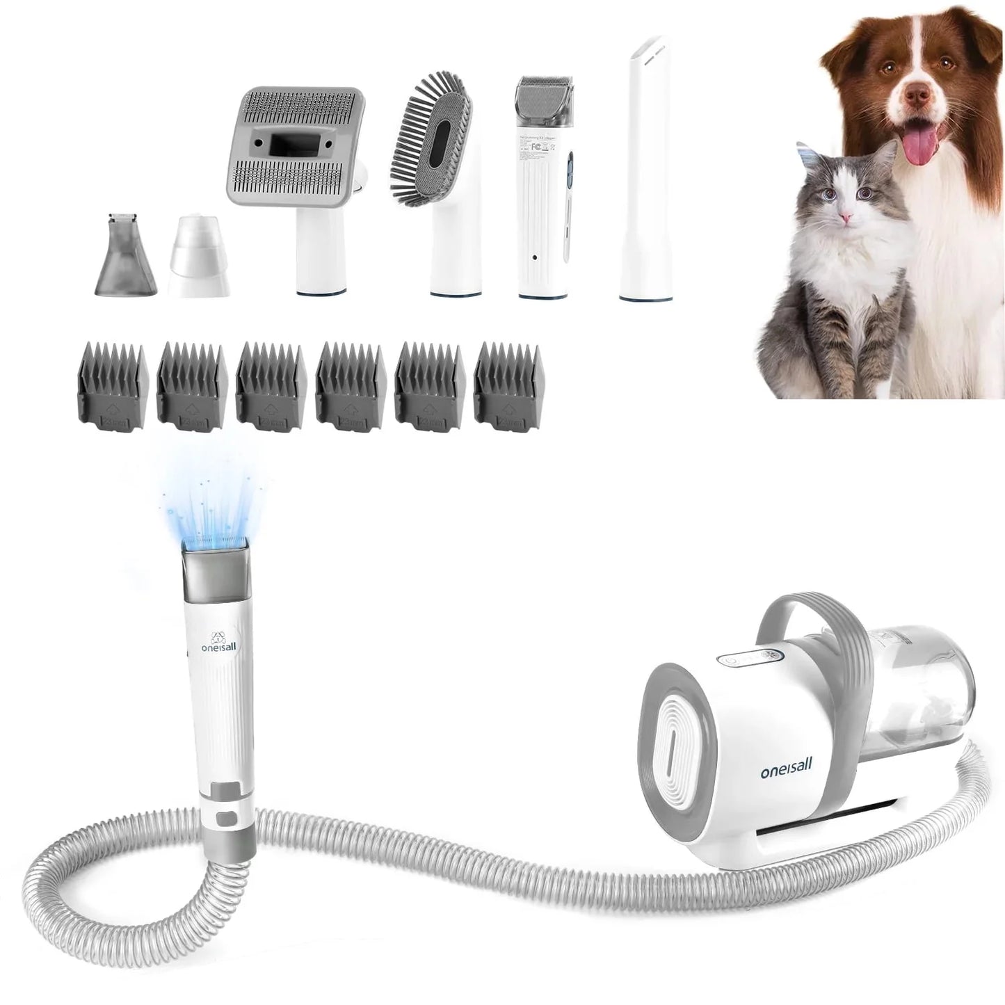 7 in 1 Dog Grooming Kit, Low Noise Pet Grooming Vacuum with 1.5 L Dust Cup, Dog Vacuum for Shedding Grooming, with 7 Professional Grooming Tools for Dogs Cats Pet Hair & Home Cleaning, Gray